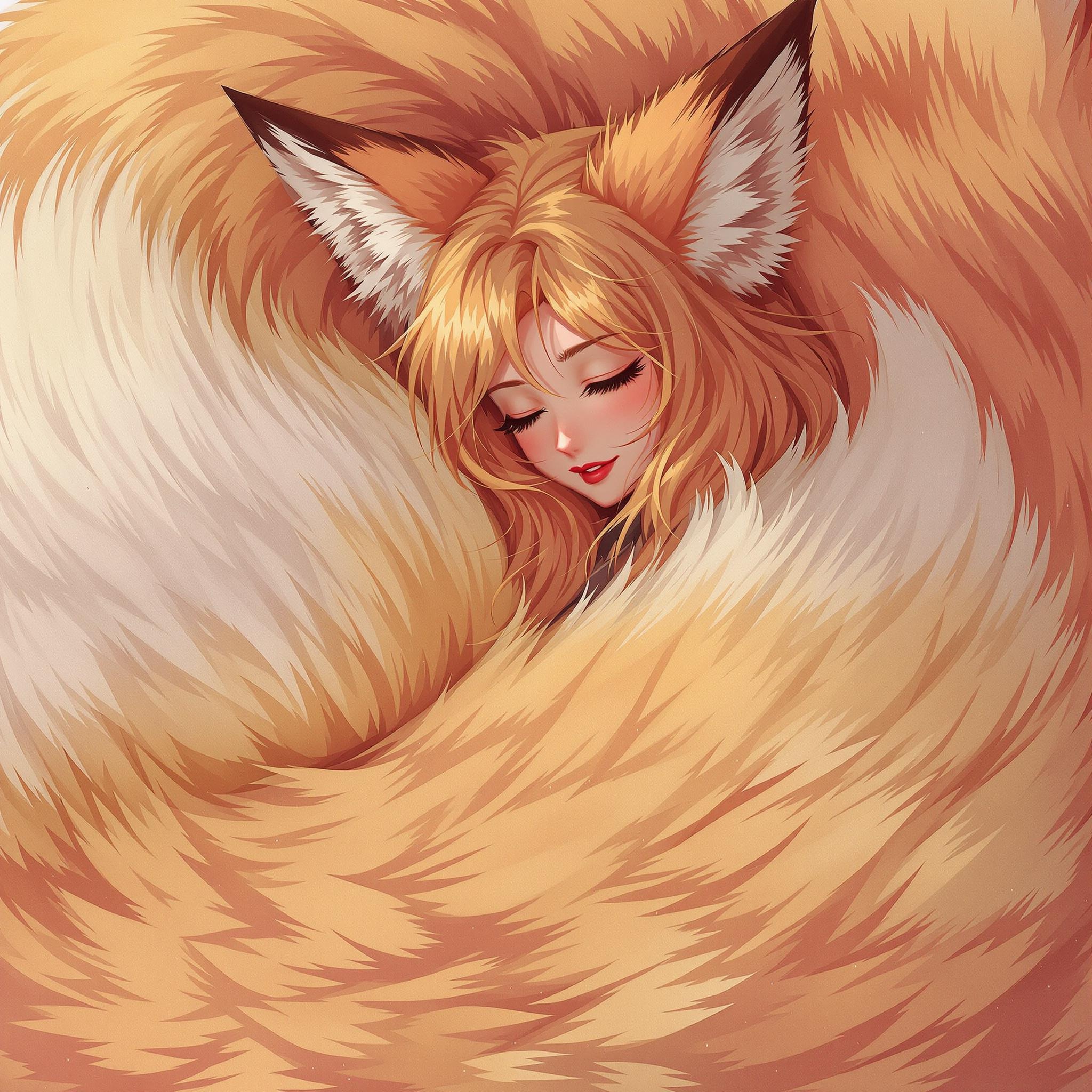 Serene Woman with Fox Ears Wrapped in Fluffy Tail