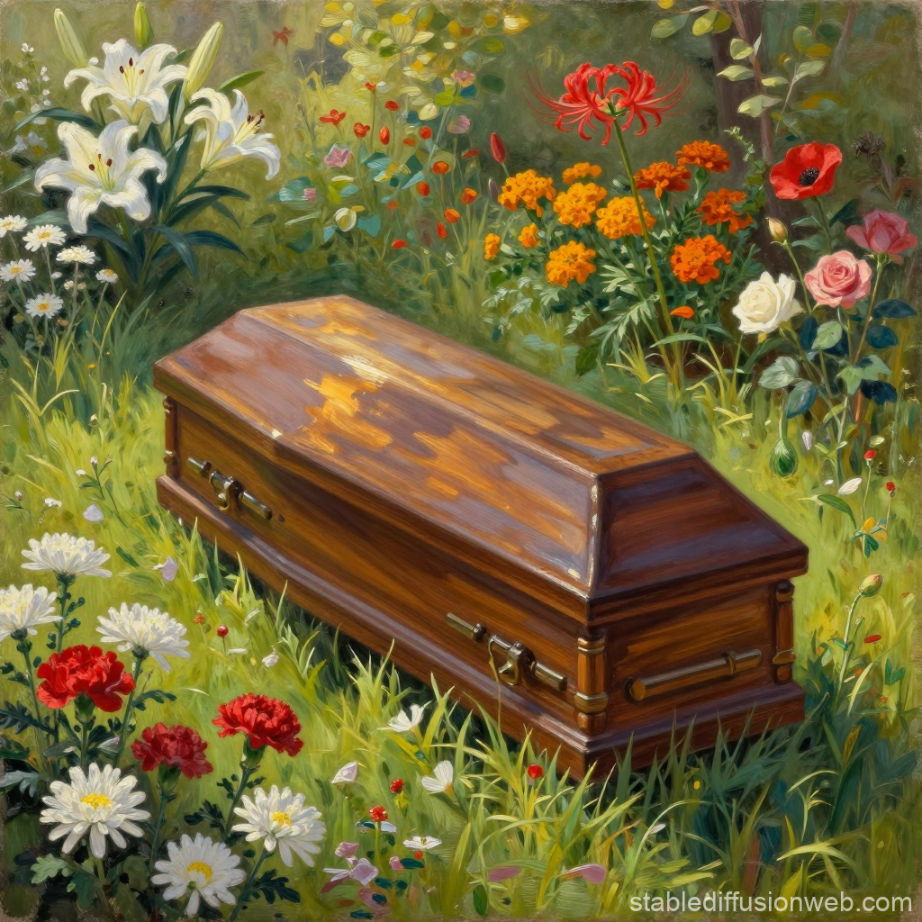 Serene Wooden Coffin Surrounded by Vibrant Flowers