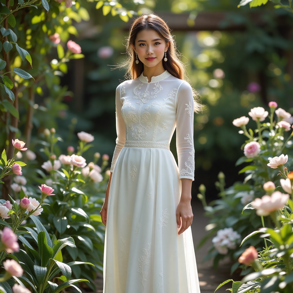 Serene Young Woman in Elegant White Dress Among Blossoms