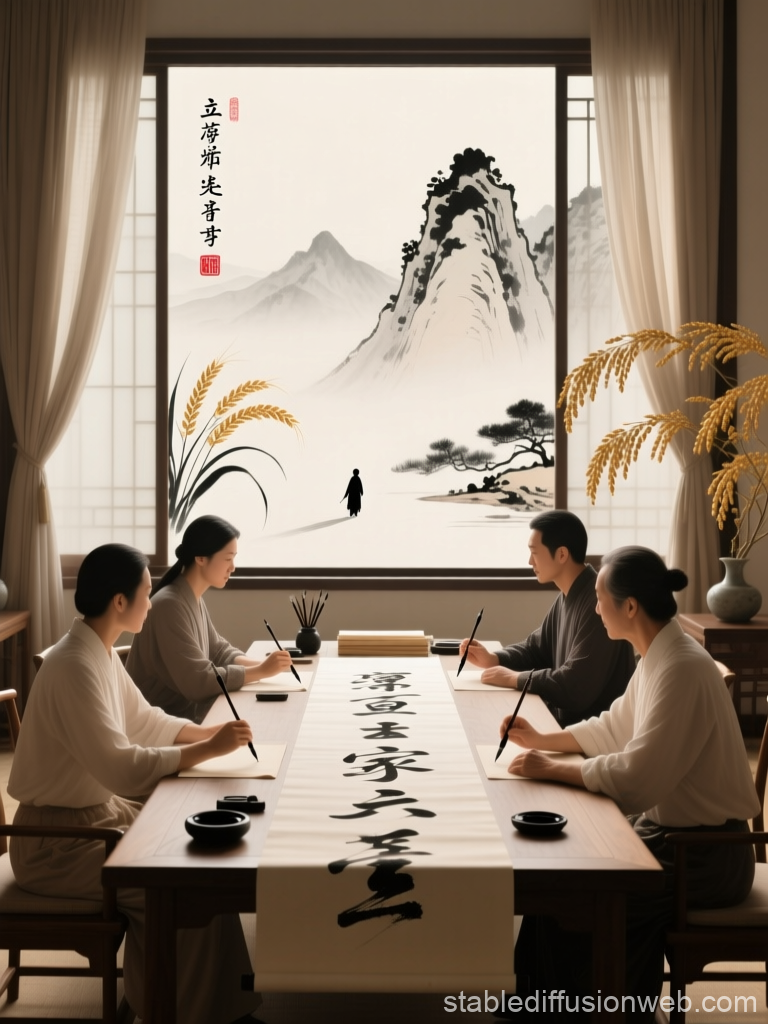 Serene Zen Calligraphy Gathering in Traditional Room