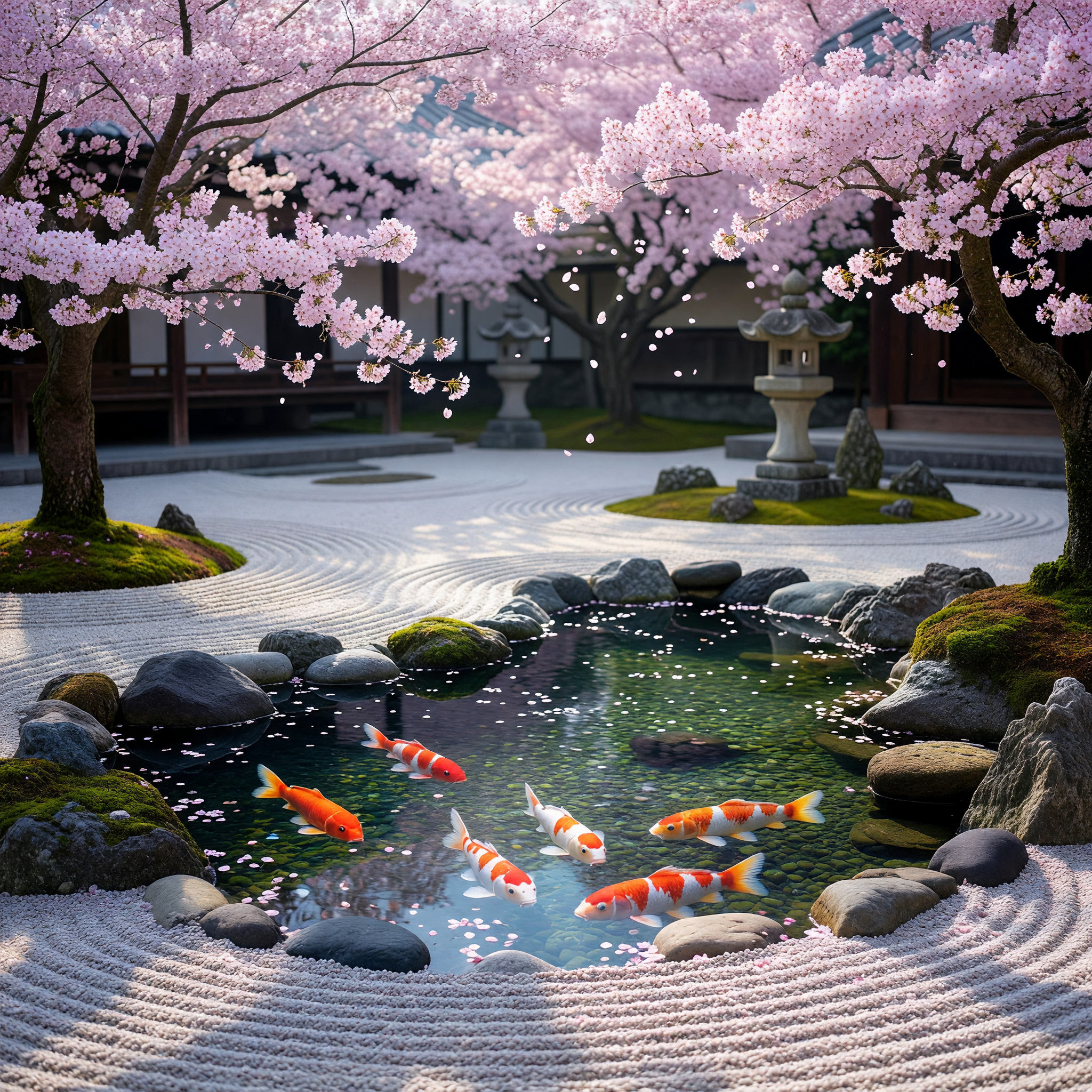 Serene Zen Garden with Koi Fish and Cherry Blossoms