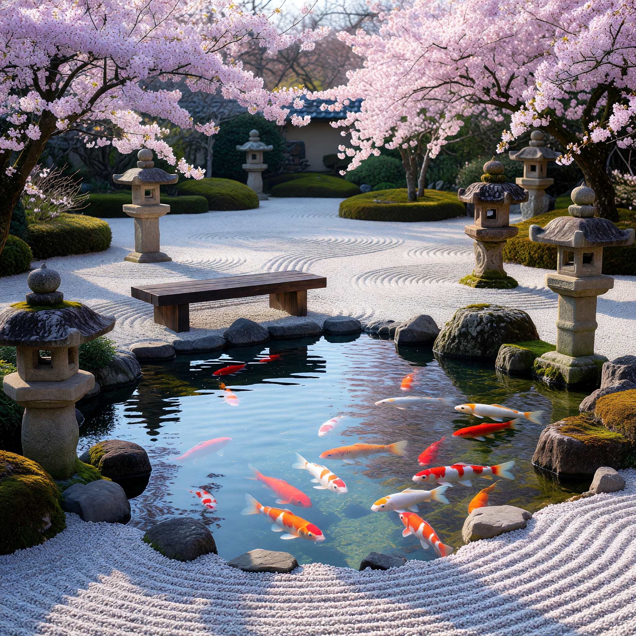 Serene Zen Garden with Koi Pond and Cherry Blossoms