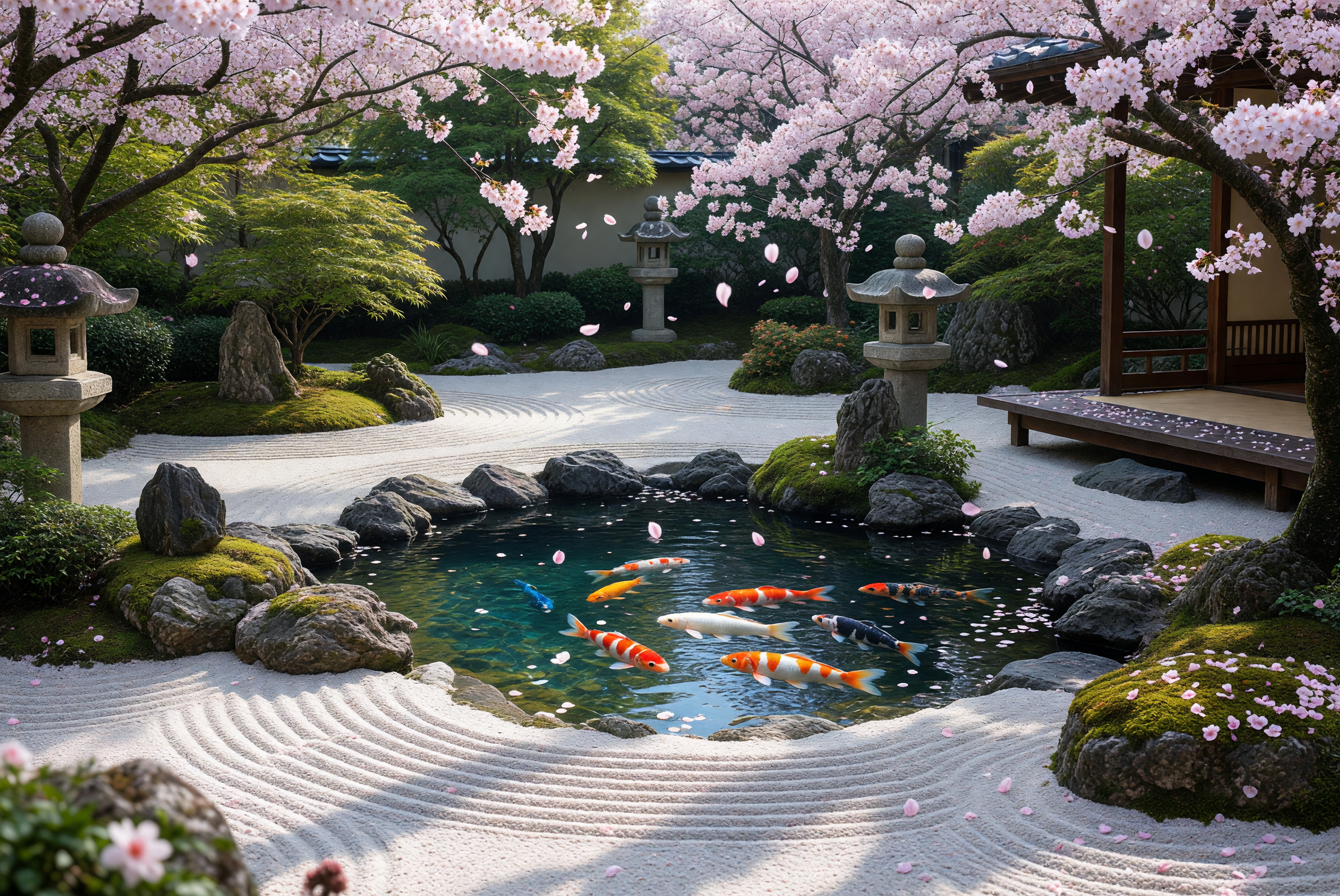 Serene Zen Garden with Koi Pond and Cherry Blossoms