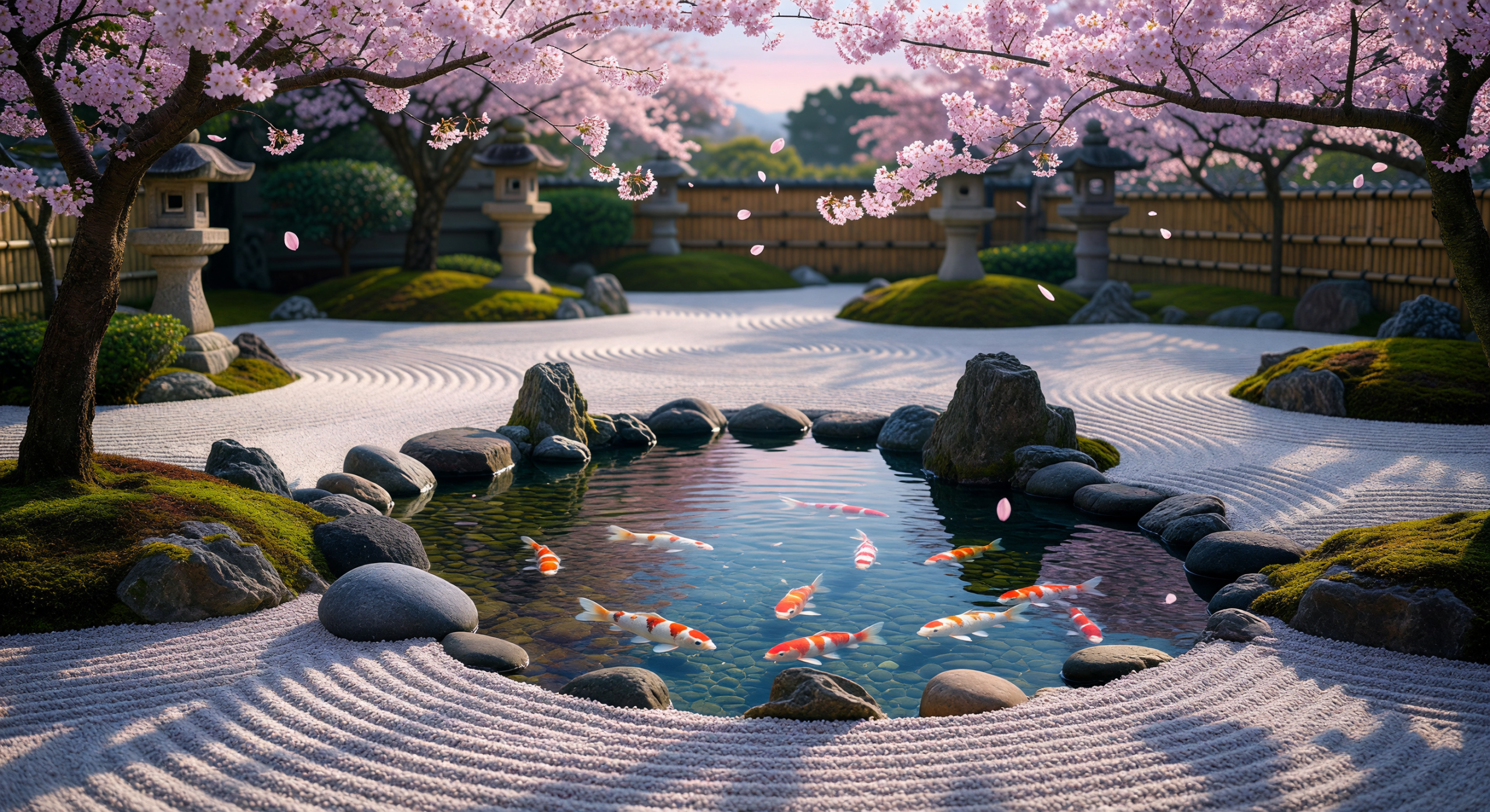 Serene Zen Garden with Koi Pond and Cherry Blossoms