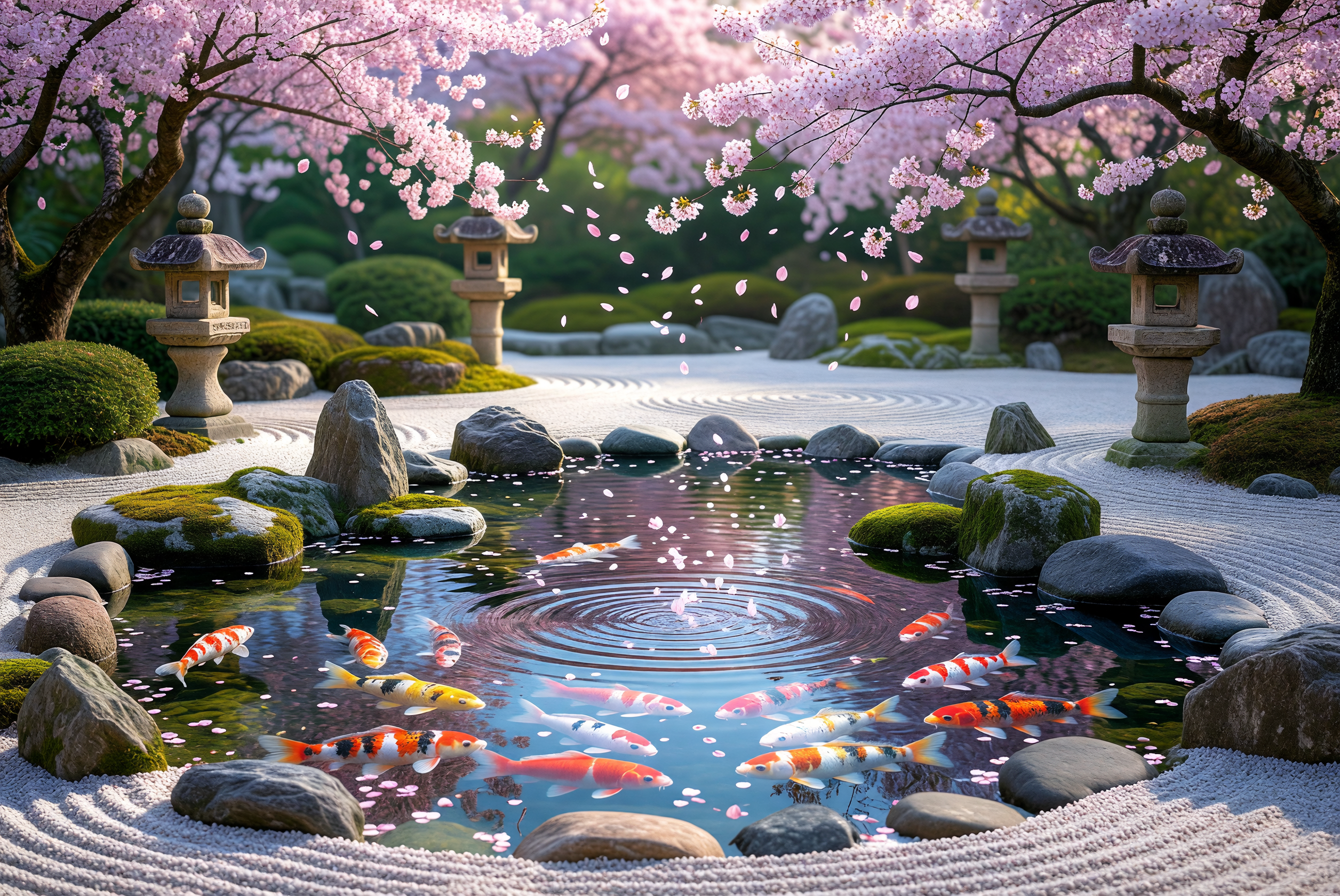 Serene Zen Garden with Koi Pond and Cherry Blossoms