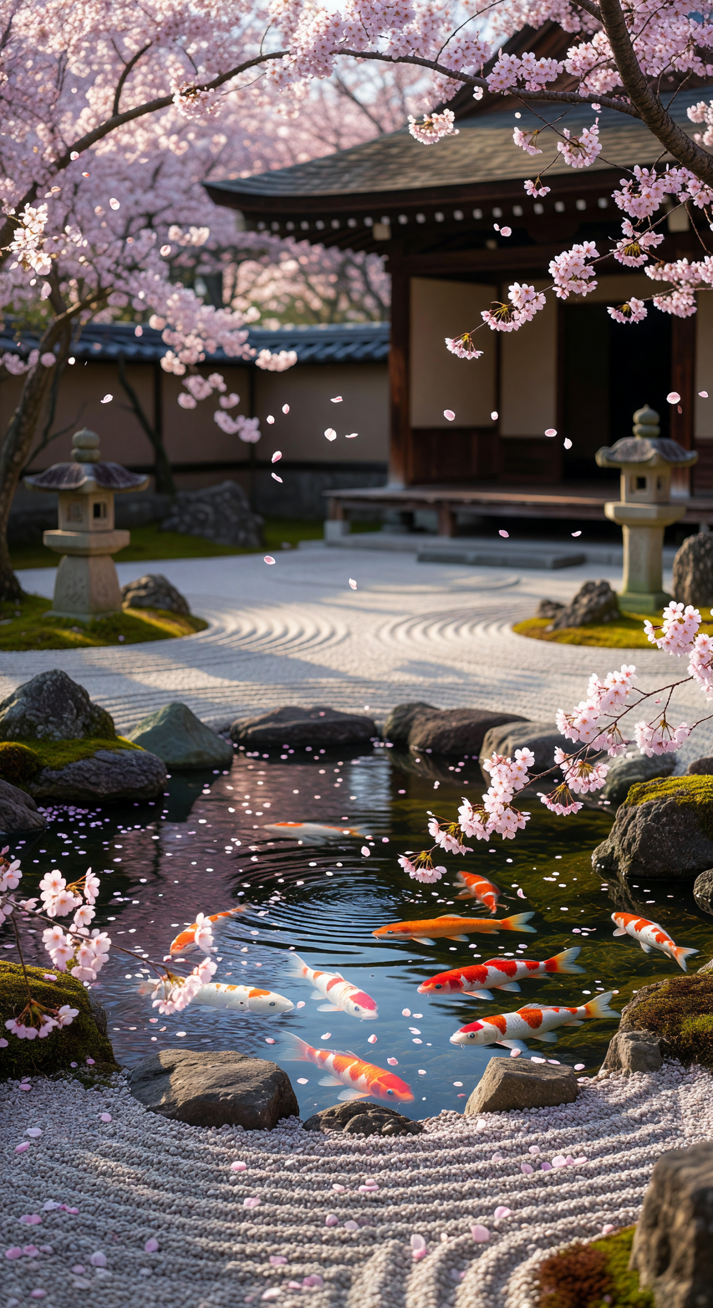 Serene Zen Garden with Koi Pond and Cherry Blossoms