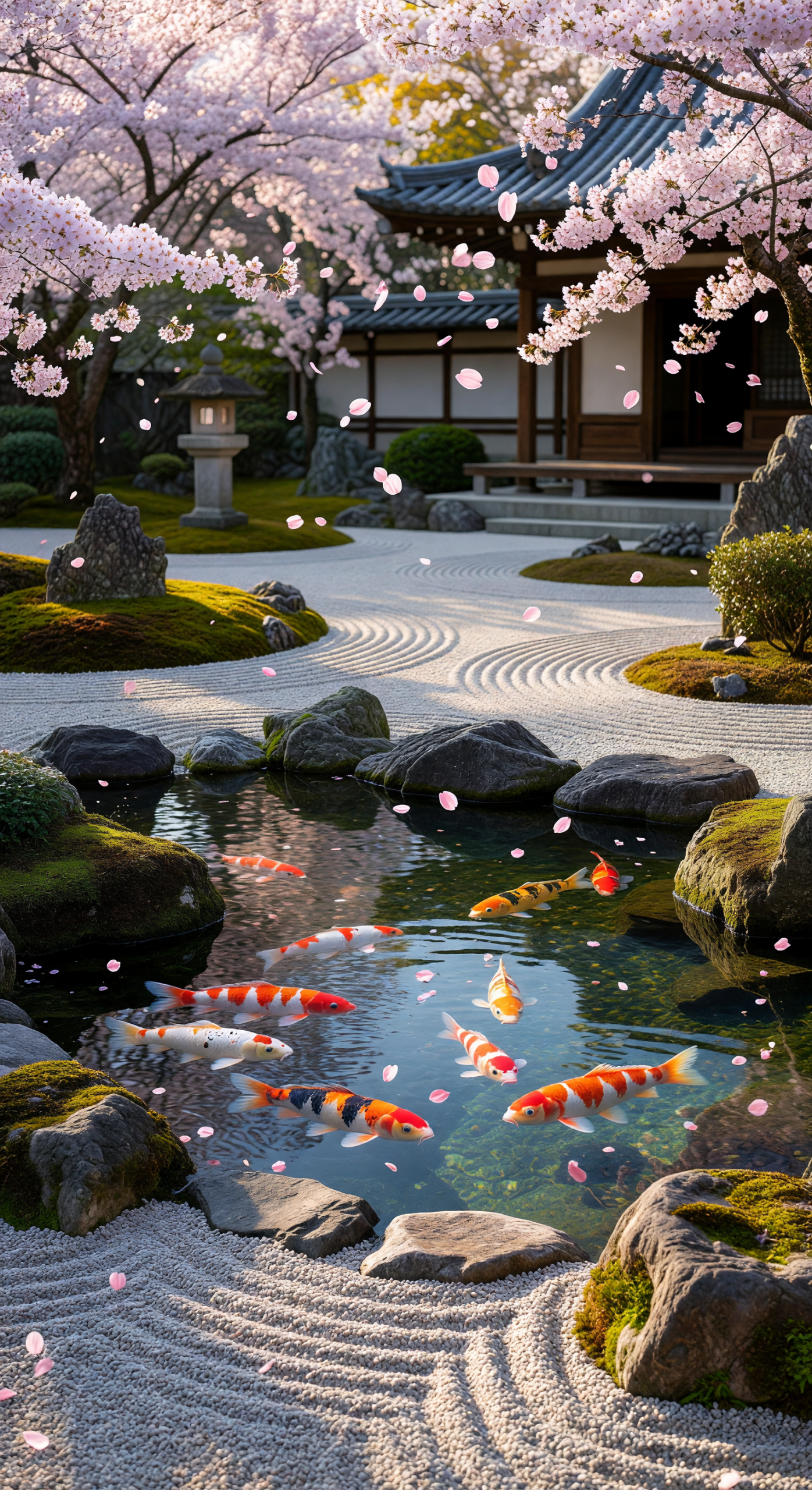 Serene Zen Garden with Koi Pond and Cherry Blossoms