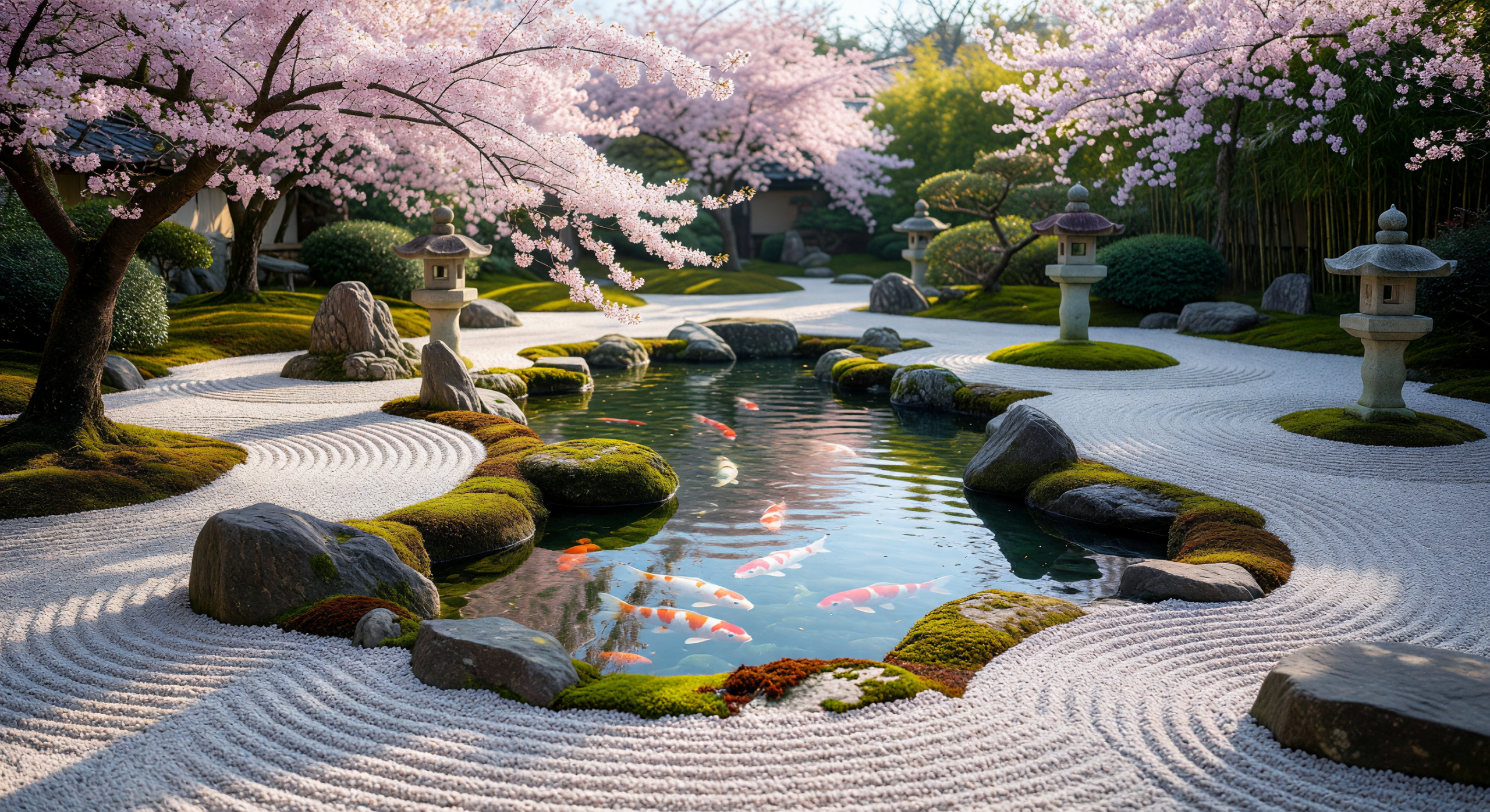 Serene Zen Garden with Koi Pond and Cherry Blossoms