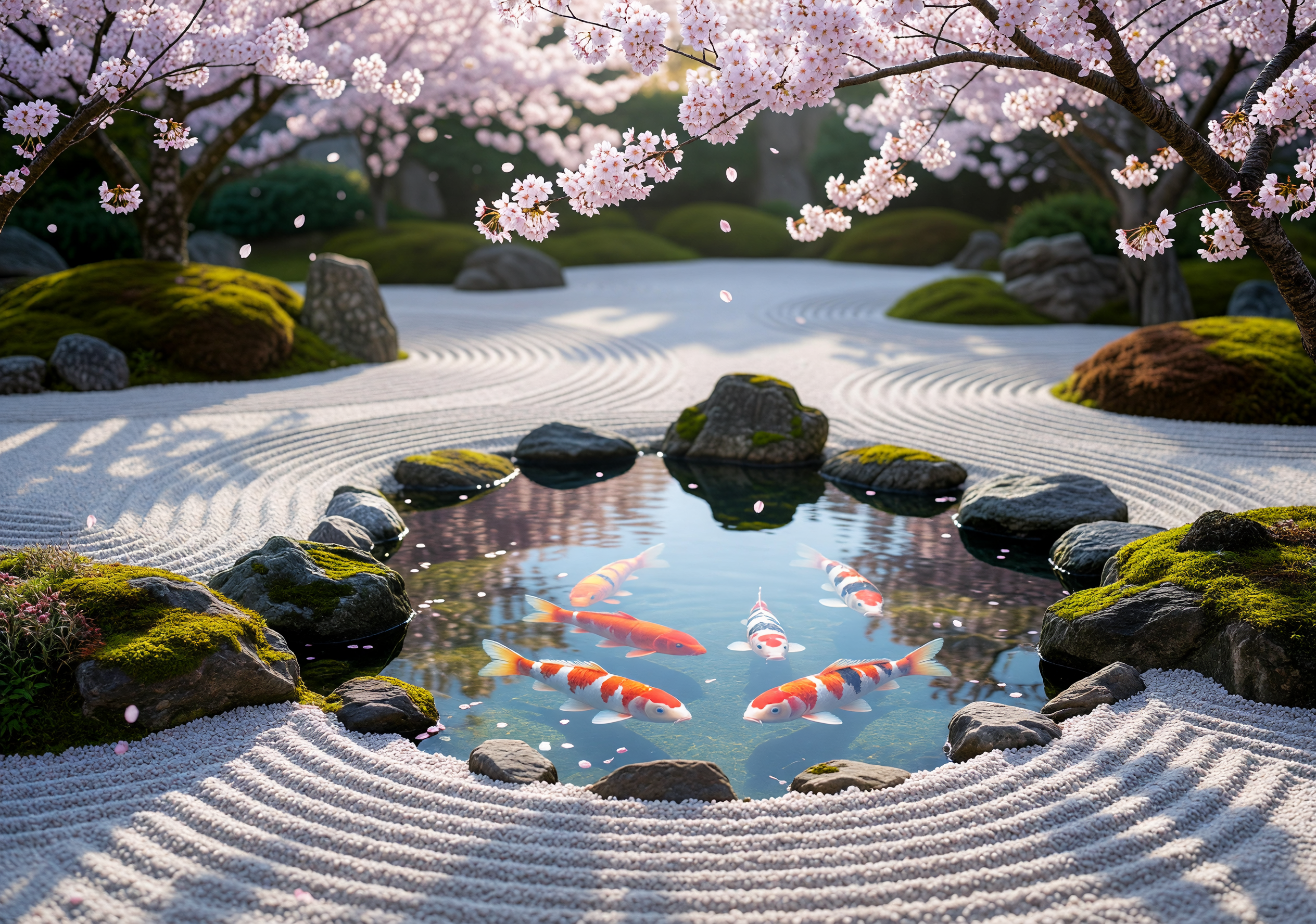 Serene Zen Garden with Koi Pond and Cherry Blossoms