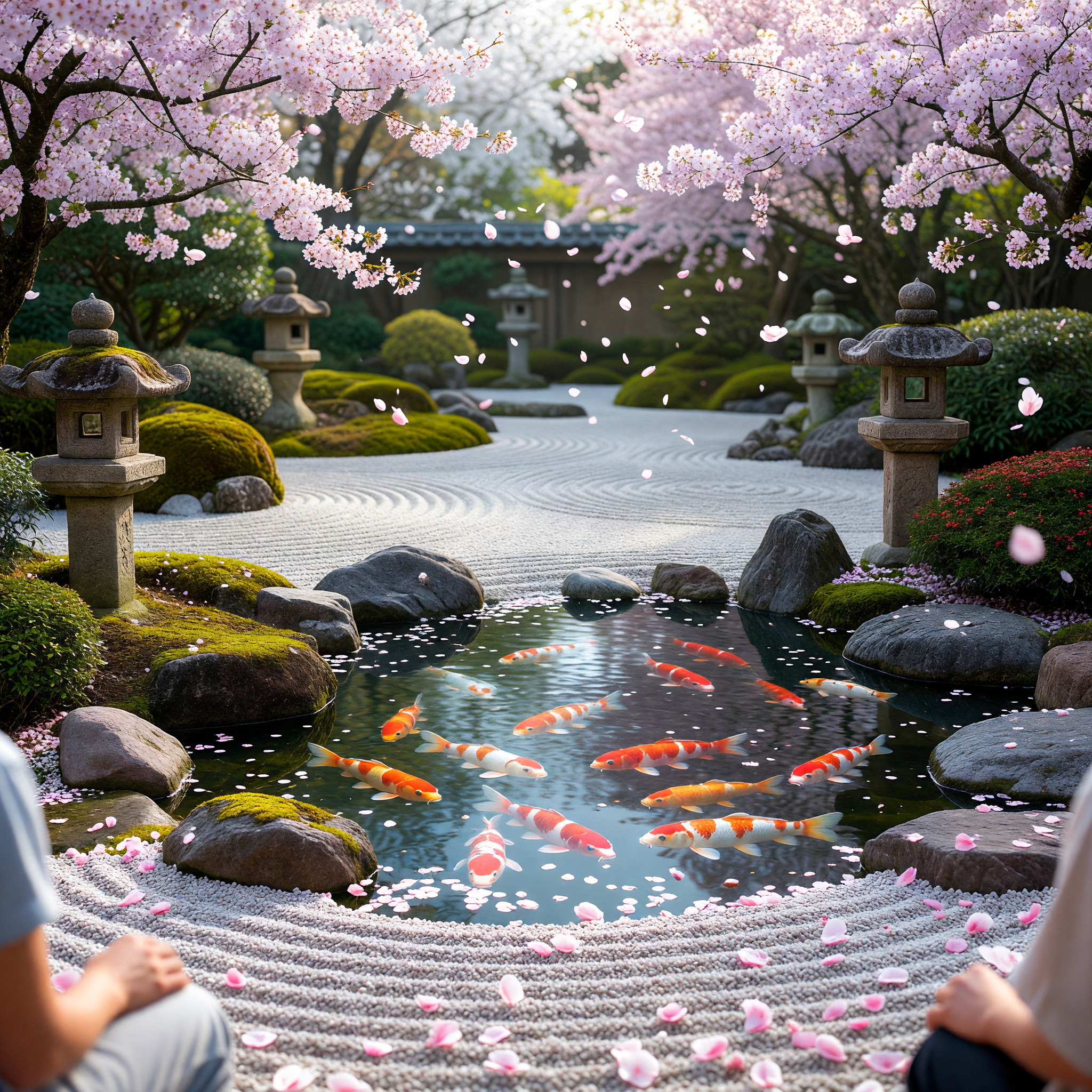 Serene Zen Garden with Koi Pond and Cherry Blossoms