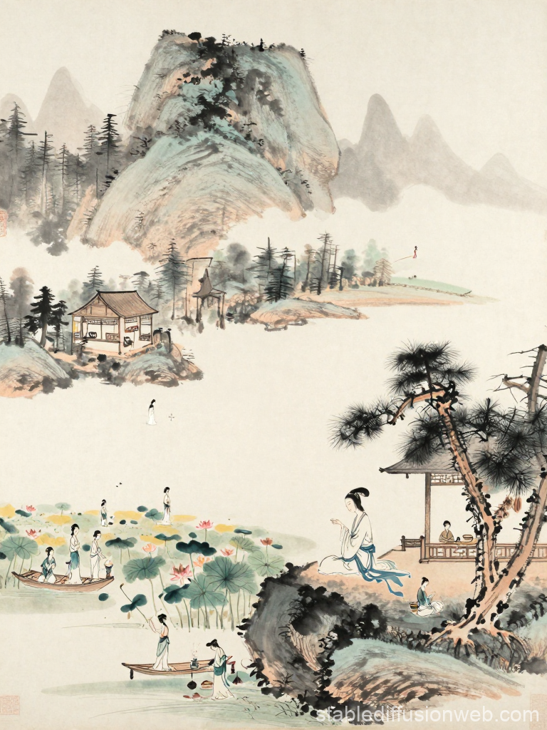 Serene Zen Ink Landscape with Women and Lotus Flowers