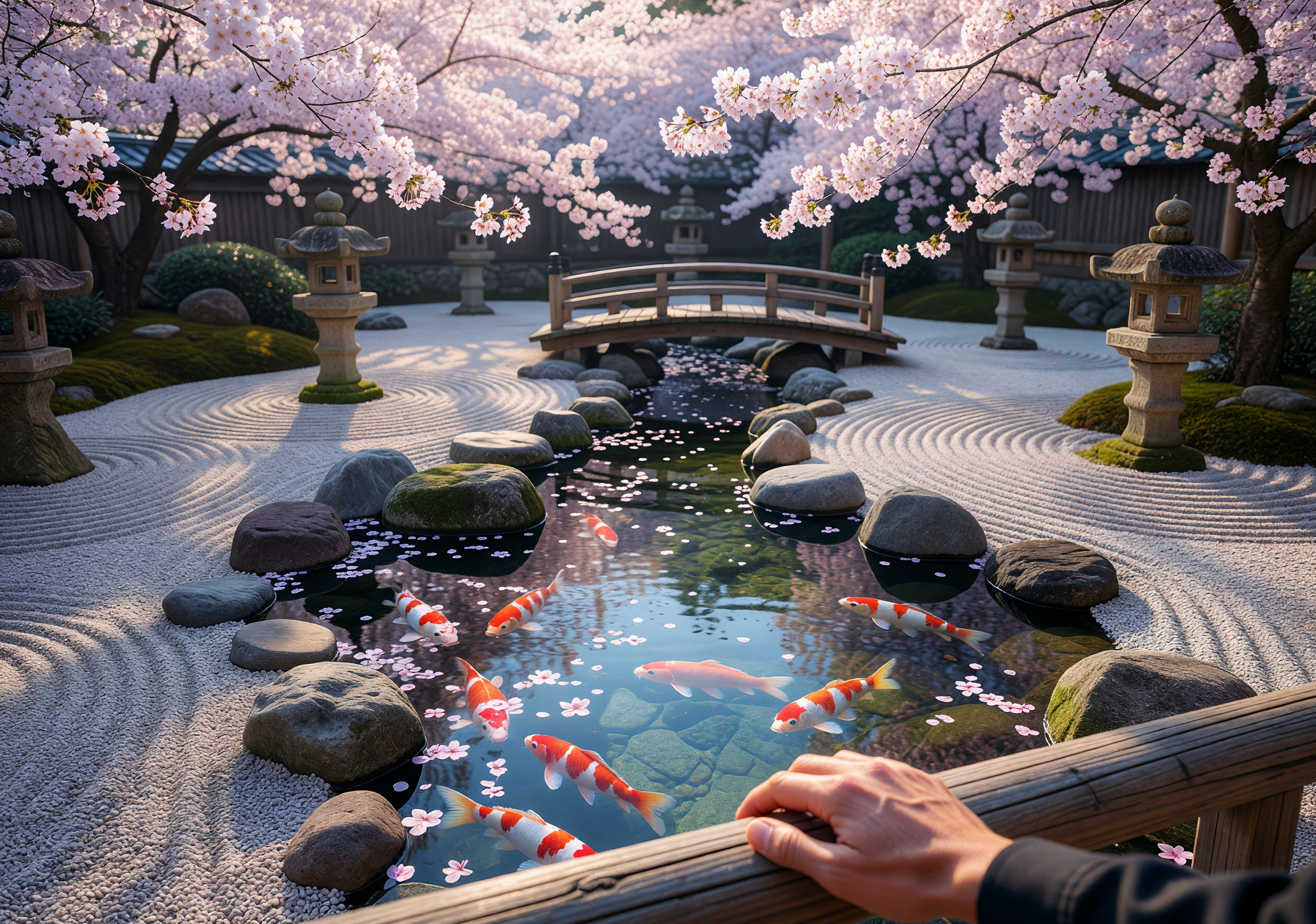 Serene Zen Koi Pond with Cherry Blossoms