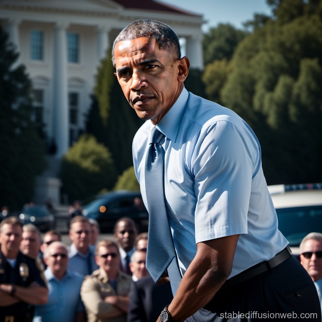 Serious Man in Blue Shirt Addressing Crowd Outdoors