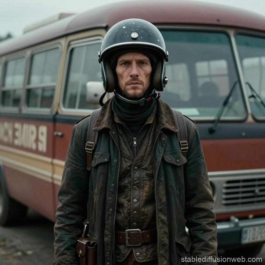 Serious Man in Helmet Standing by Vintage Bus