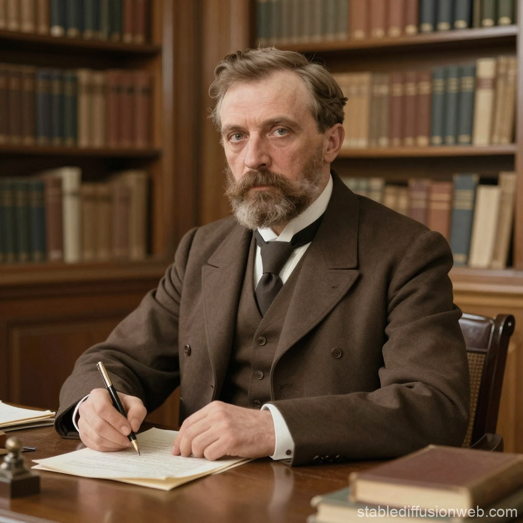 Serious Man Writing in Historic Library