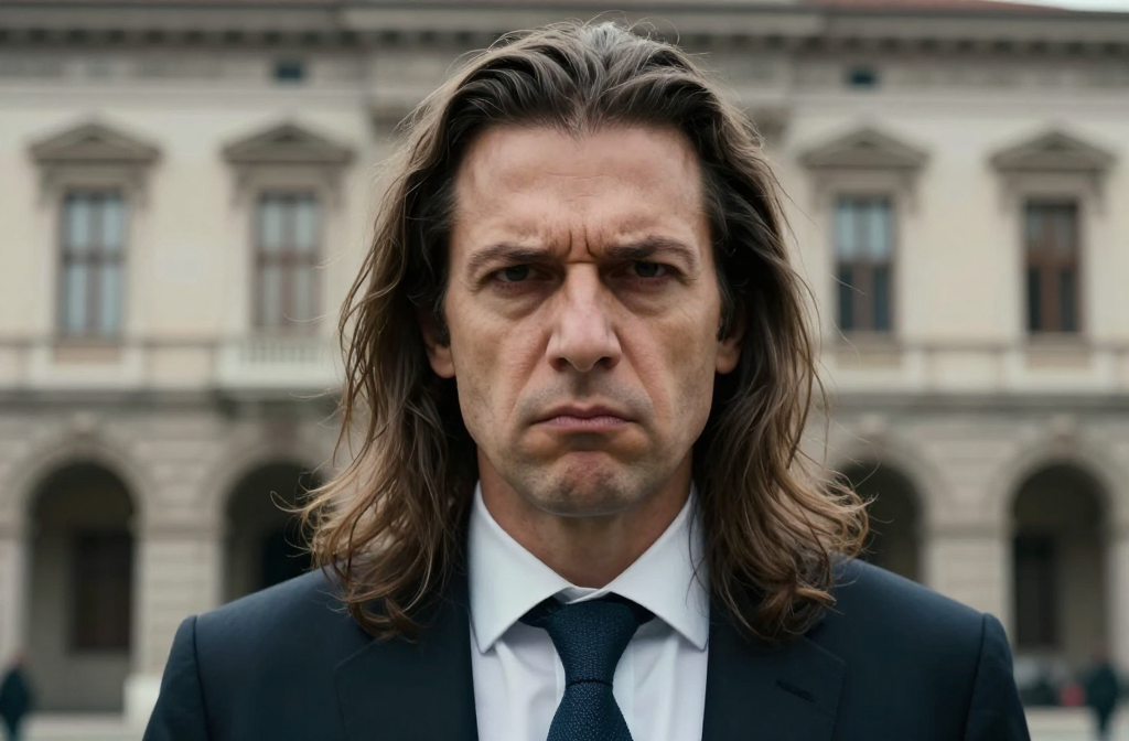 Serious Politician in Formal Suit Outside Historic Building