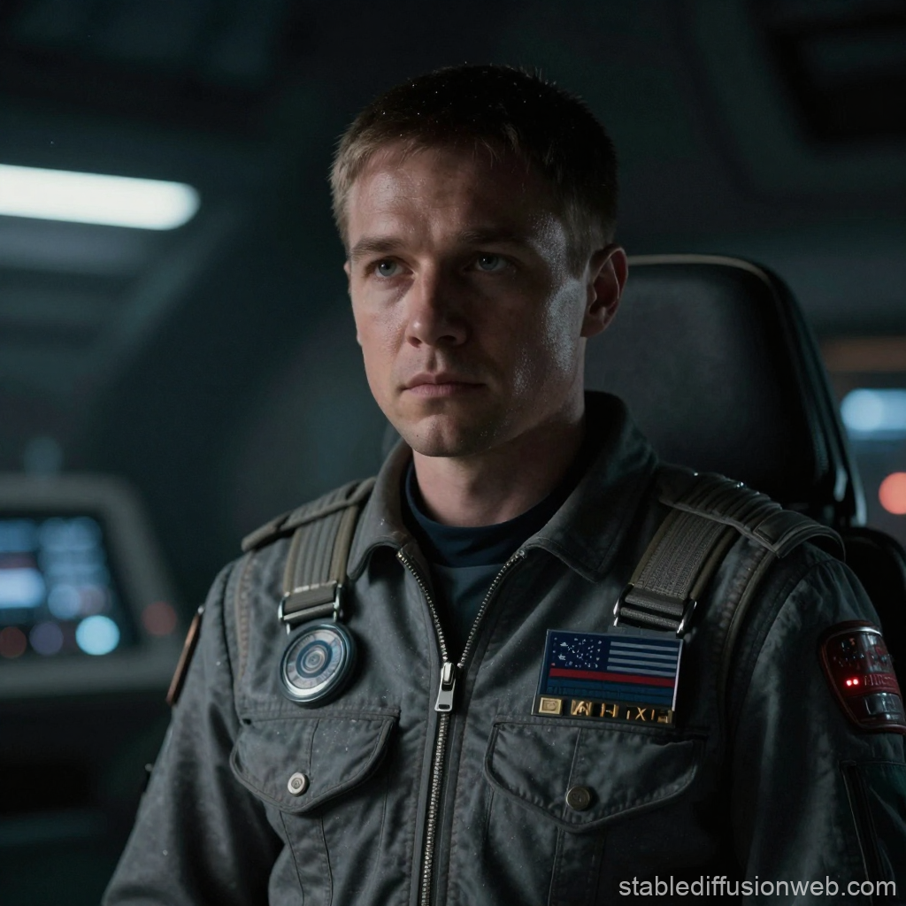 Serious Sci-Fi Pilot in Futuristic Cockpit