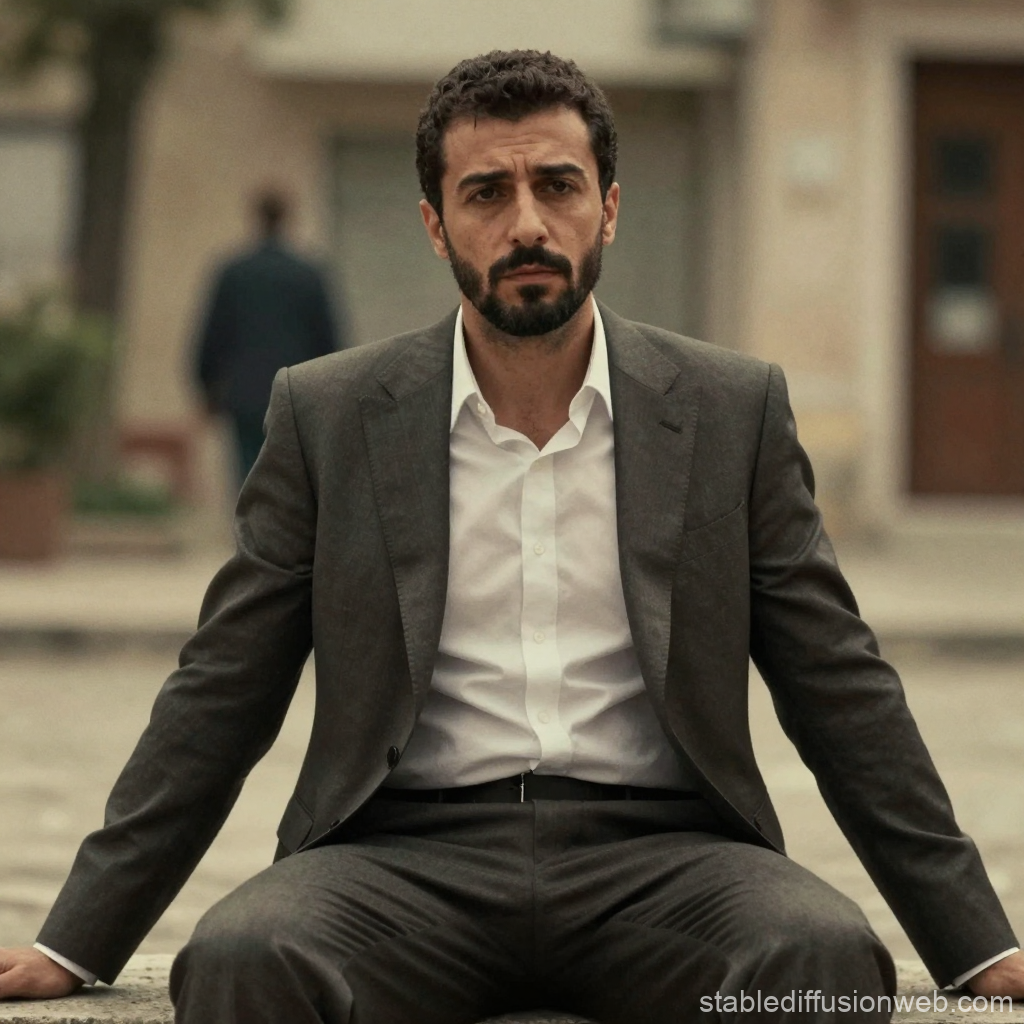 Serious Turkish Man in Formal Suit Sitting Outdoors