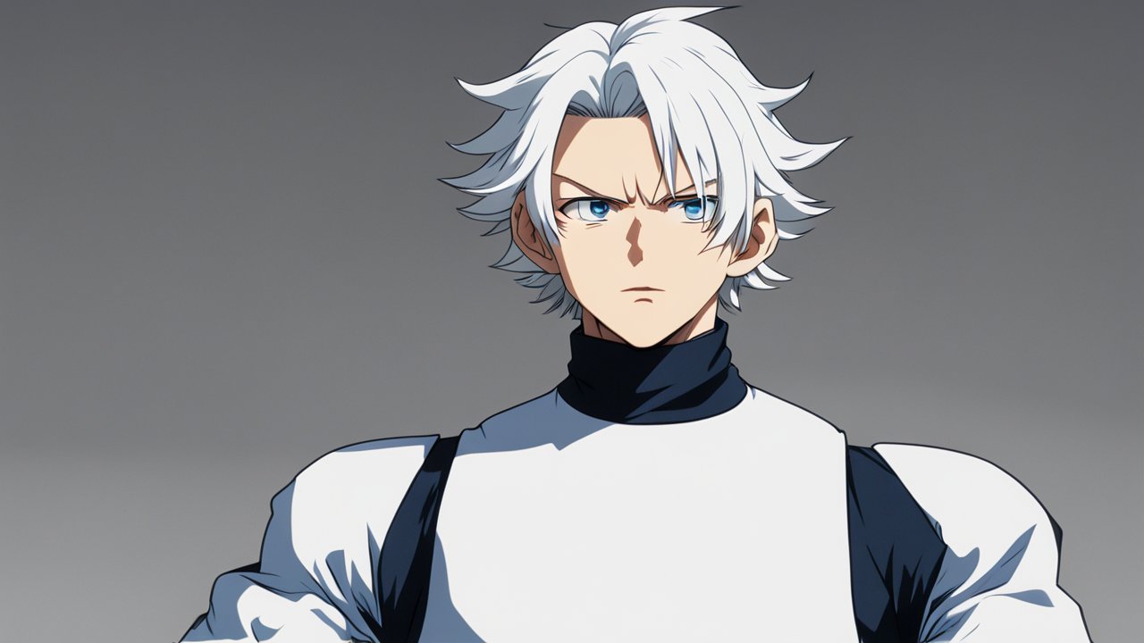 Serious White-Haired Anime Character with Blue Eyes