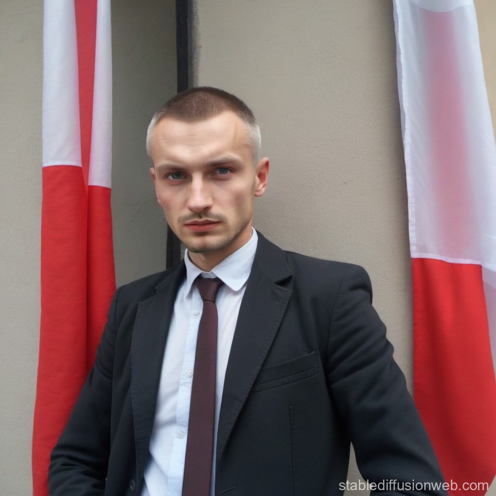 Serious Young Man in Suit with Flags