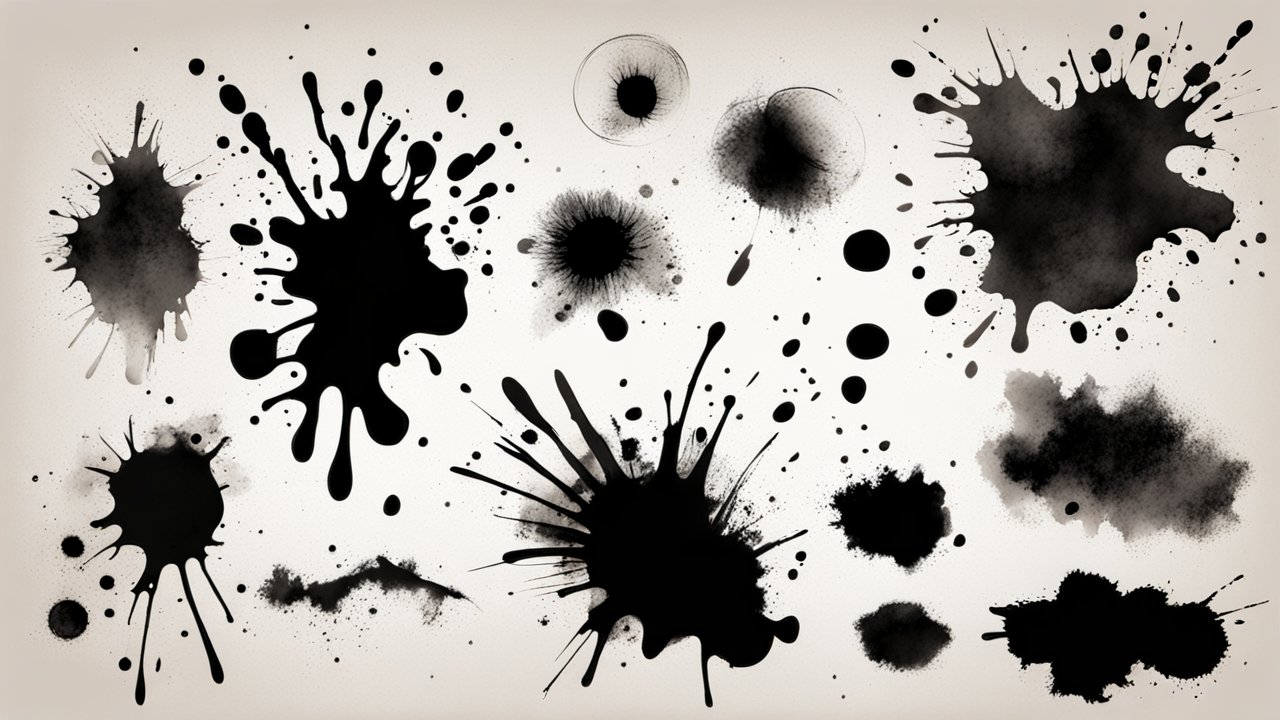 Set of Black Ink Splatter Blots on Light Background