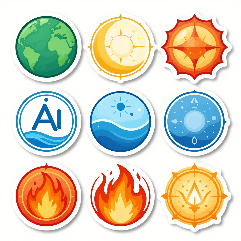 Set of Nine Colorful Elemental Symbols