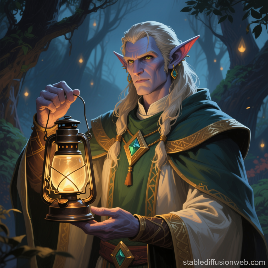 Shadar Kai Cleric Holding Lantern in Enchanted Forest