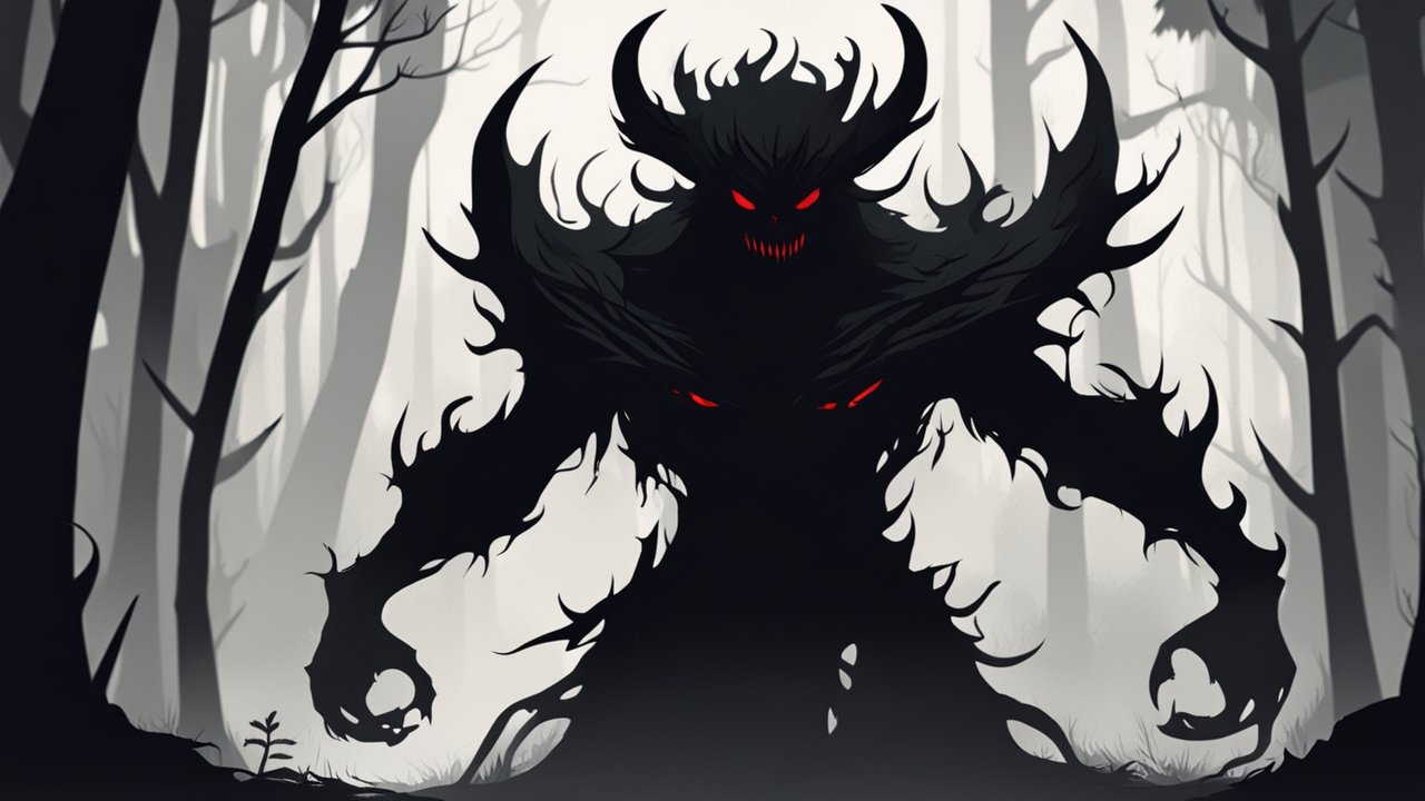 Shadow Demon with Red Eyes in Dark Forest