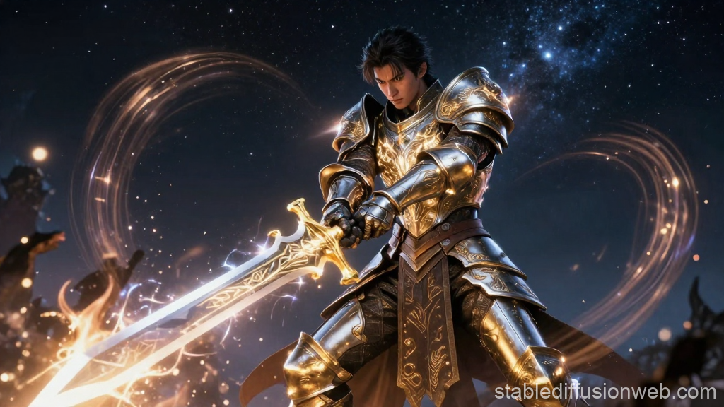 Shadow Knight Slashing Stars with Glowing Sword