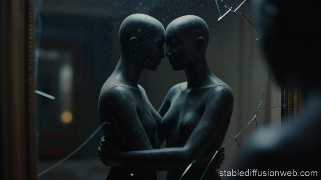 Shadow Mannequins Embracing in Broken Mirror