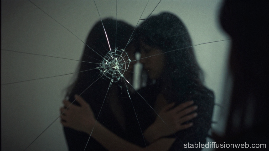 Shadowed Embrace Through Cracked Glass
