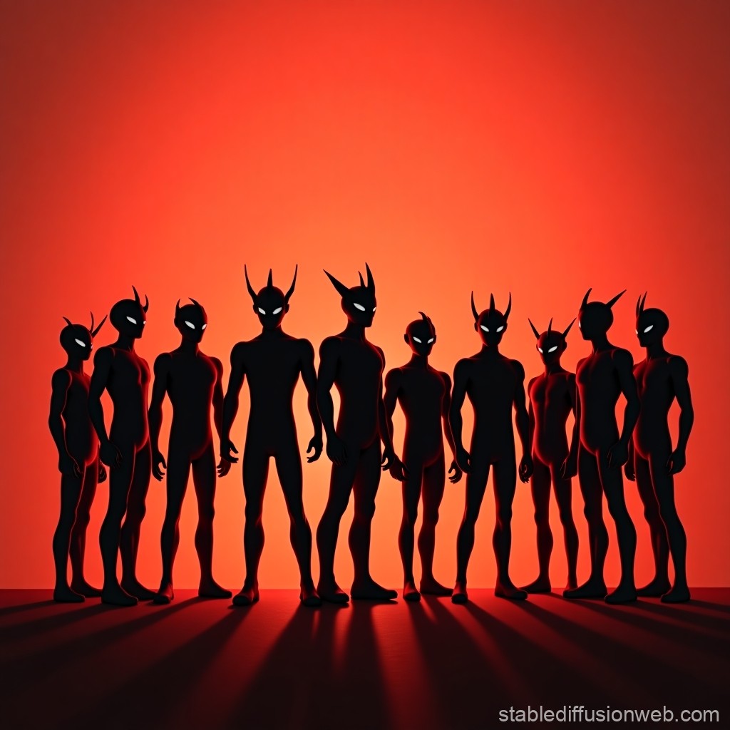 Shadowy Alien Figures Against Fiery Red Background