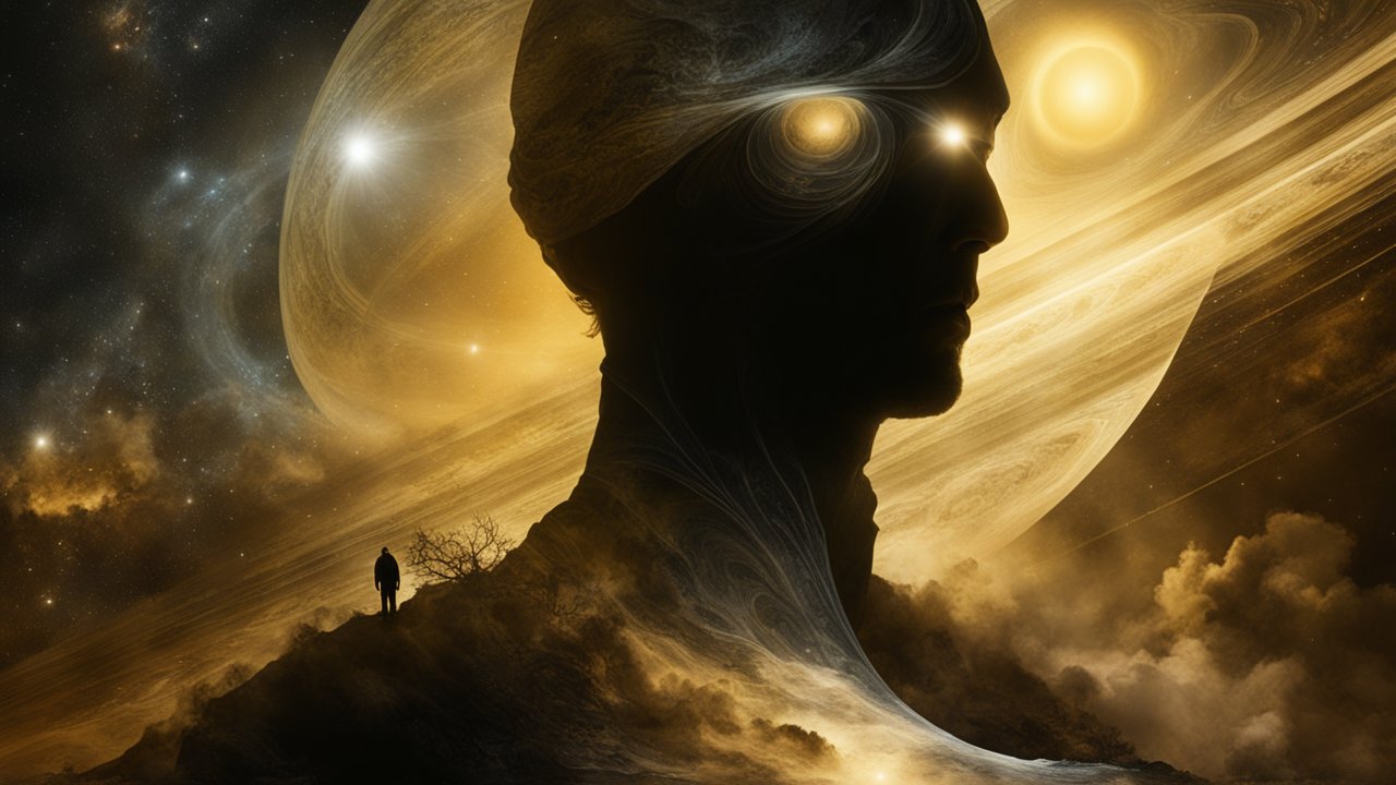 Shadowy Cosmic Figure with Glowing Eyes in Space