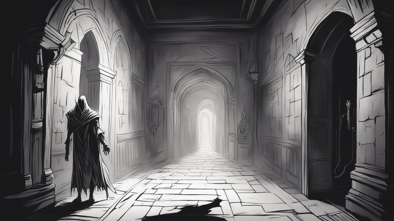 Shadowy Figure in a Gothic Corridor