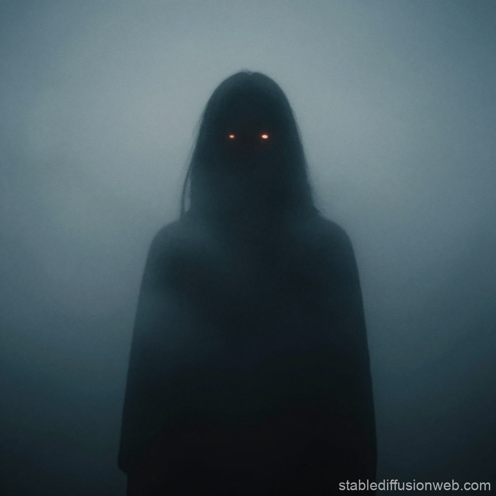 Shadowy Figure with Glowing Eyes in Fog