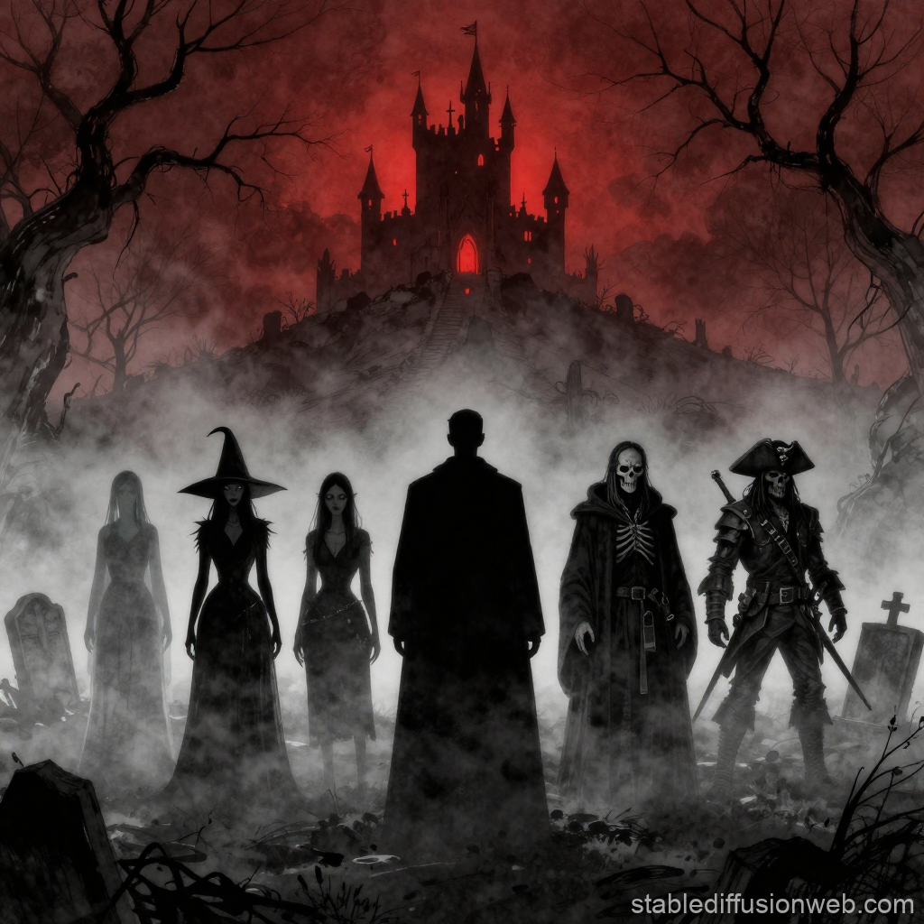 Shadowy Figures Gathered Before a Haunted Castle
