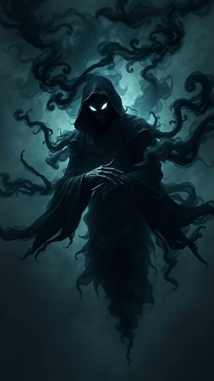 Shadowy Hooded Figure with Glowing Eyes in Dark Mist