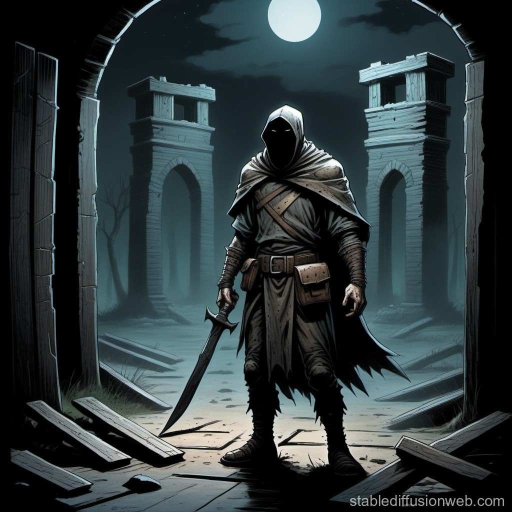 Shadowy Hooded Warrior in Moonlit Ruins