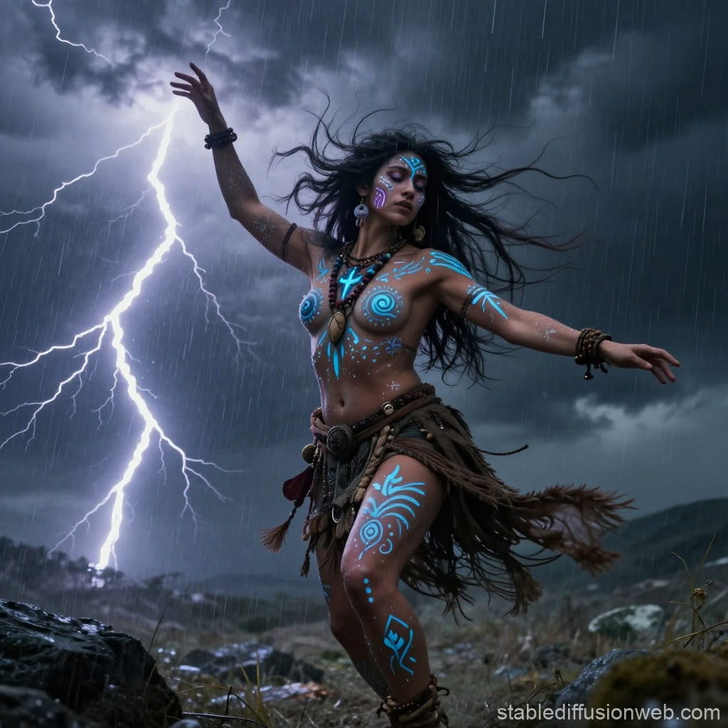 Shaman Dancing in Storm with Glowing Tribal Paint