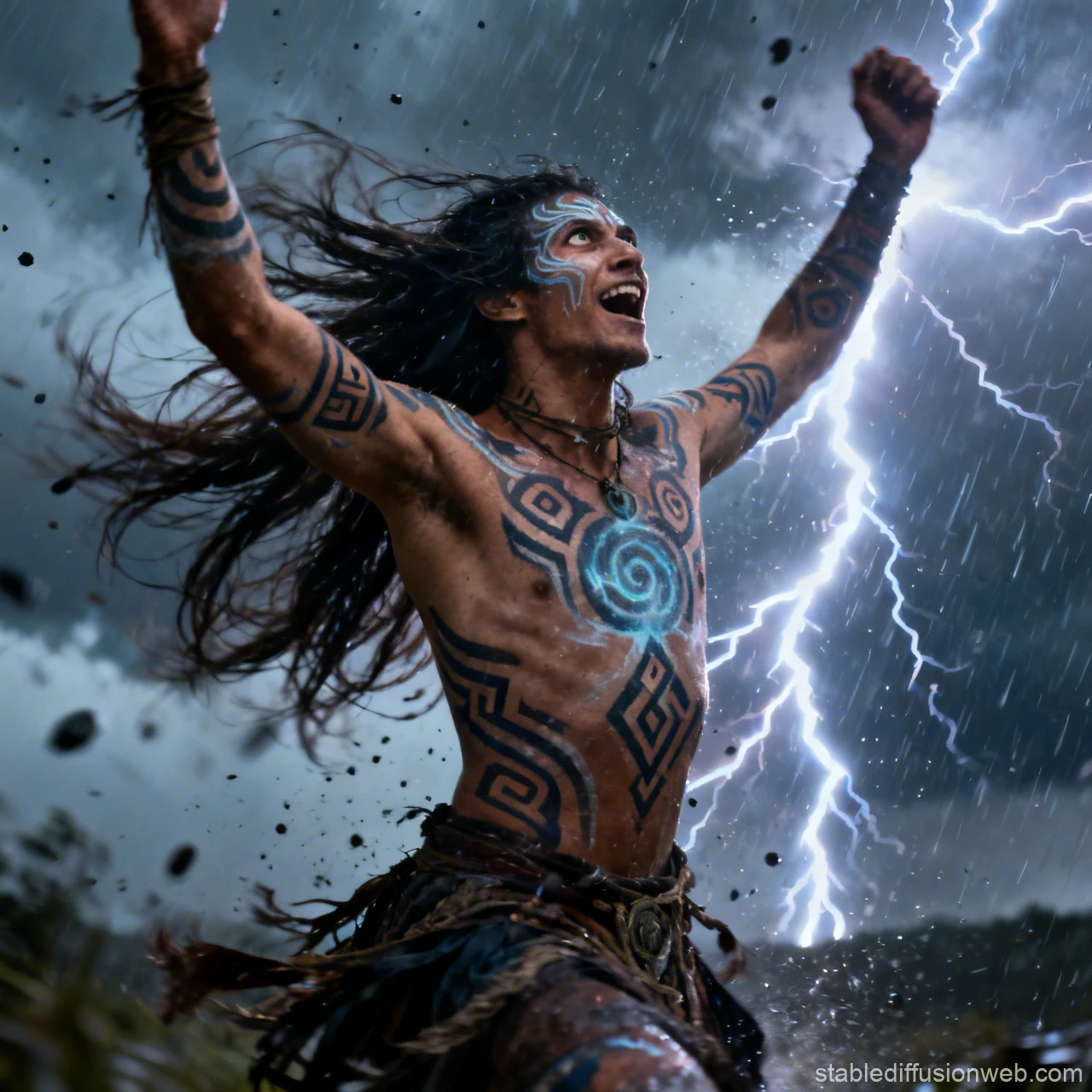 Shaman Dancing with Lightning in Stormy Sky