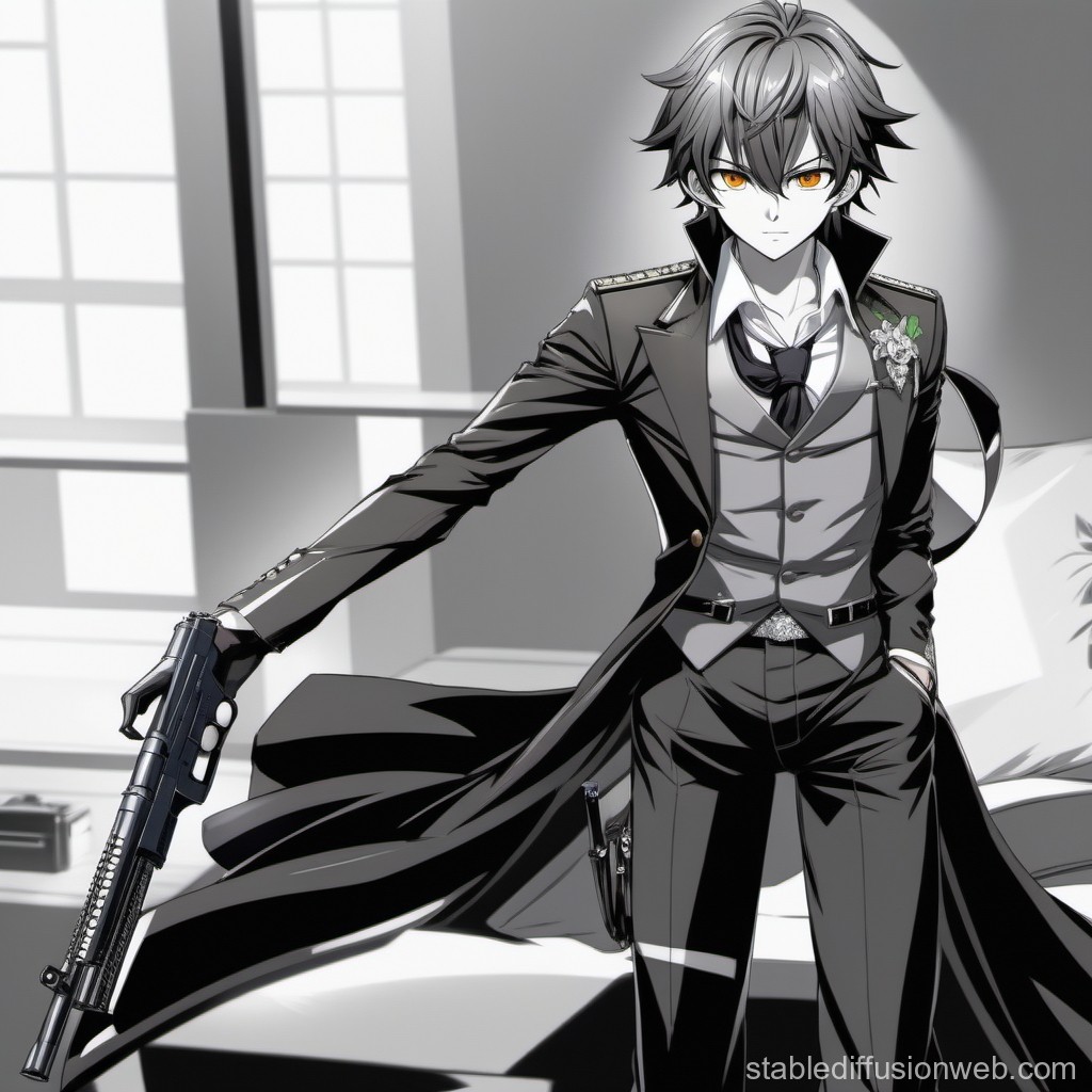 Sharp-Eyed Anime Character in Stylish Suit with Gun
