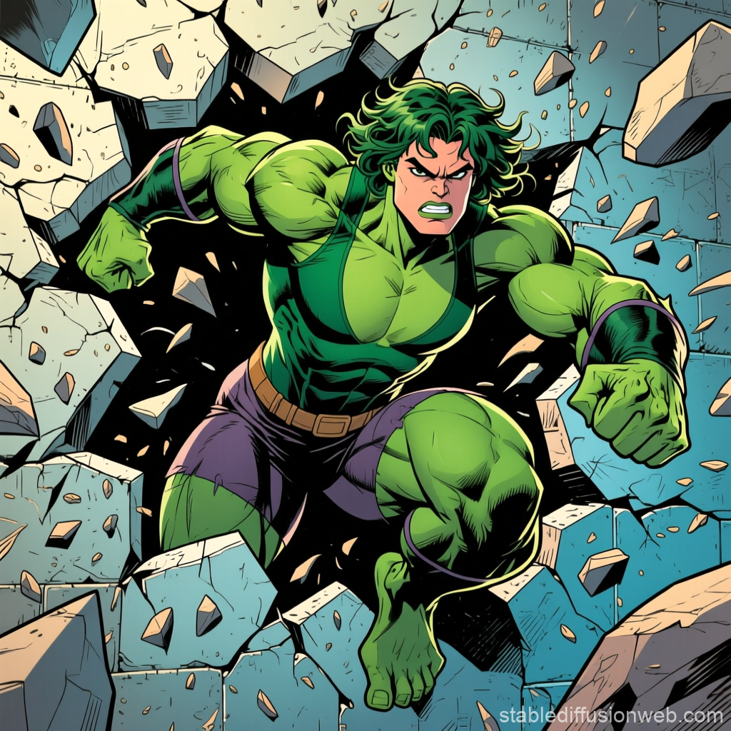 She-Hulk Breaking Through Wall in Dynamic Comic Style