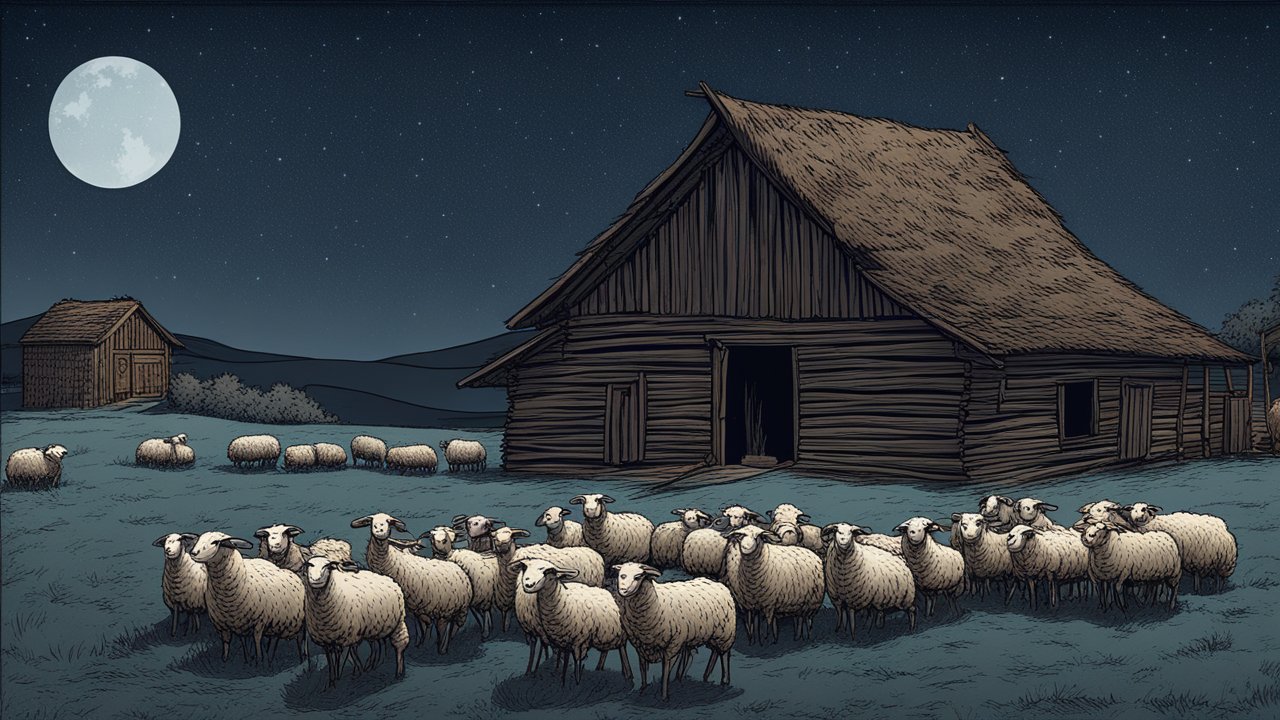 Sheep Gathered Near a Barn Under a Full Moon