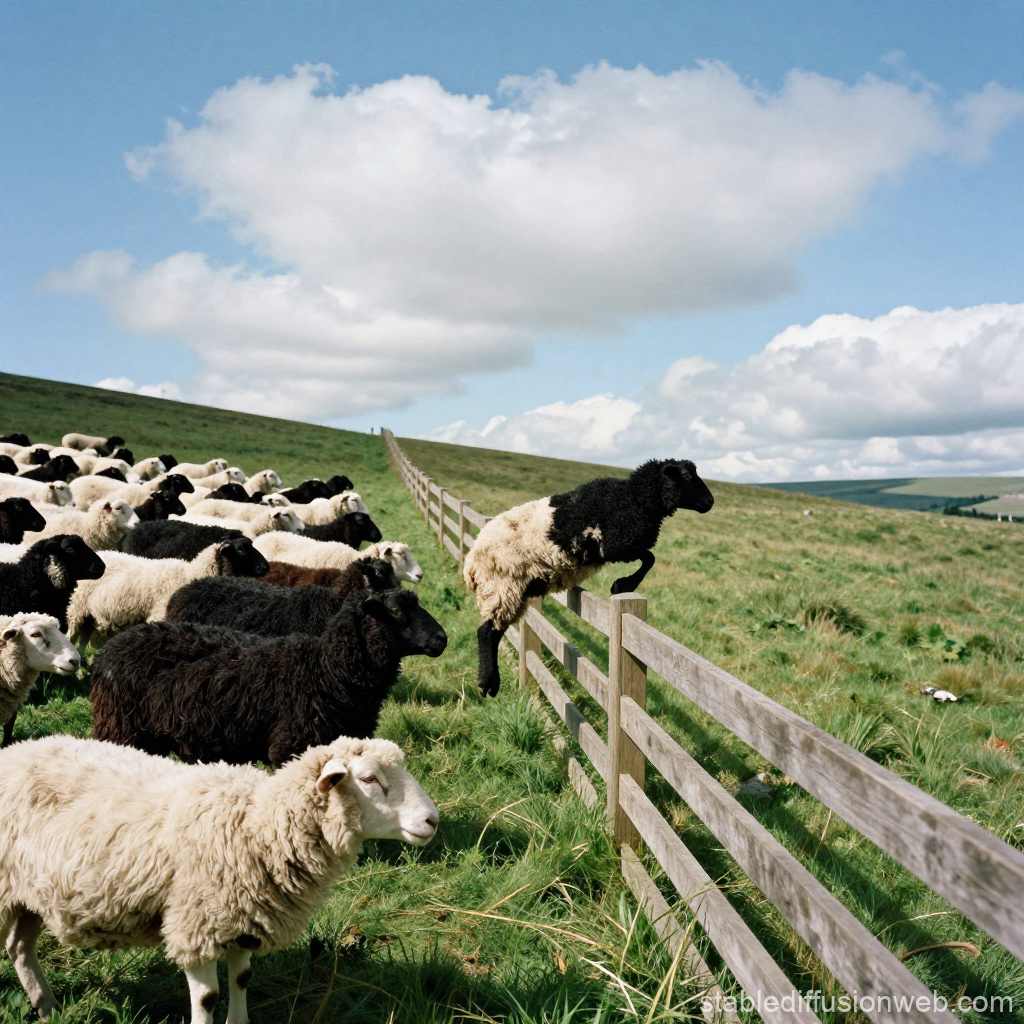 Sheep Jumping Over Fence in a Green Pasture