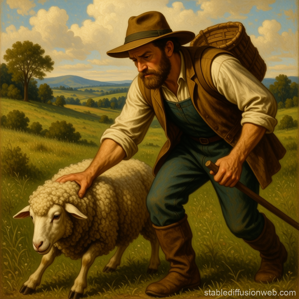 Shepherd Caring for Sheep in Pastoral Landscape