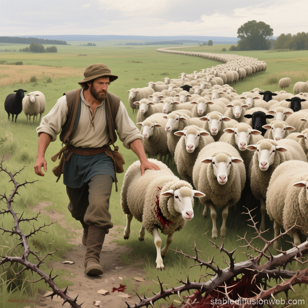 Shepherd Leading Injured Sheep Through Vast Pasture