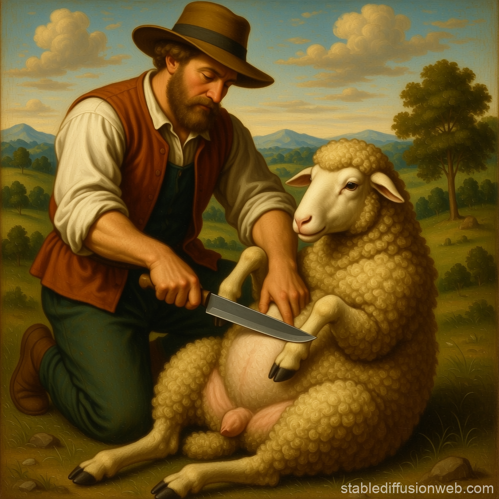 Shepherd Preparing Sheep with Knife in Pastoral Landscape