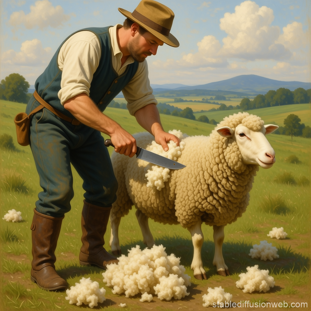 Shepherd Shearing Sheep in a Pastoral Landscape