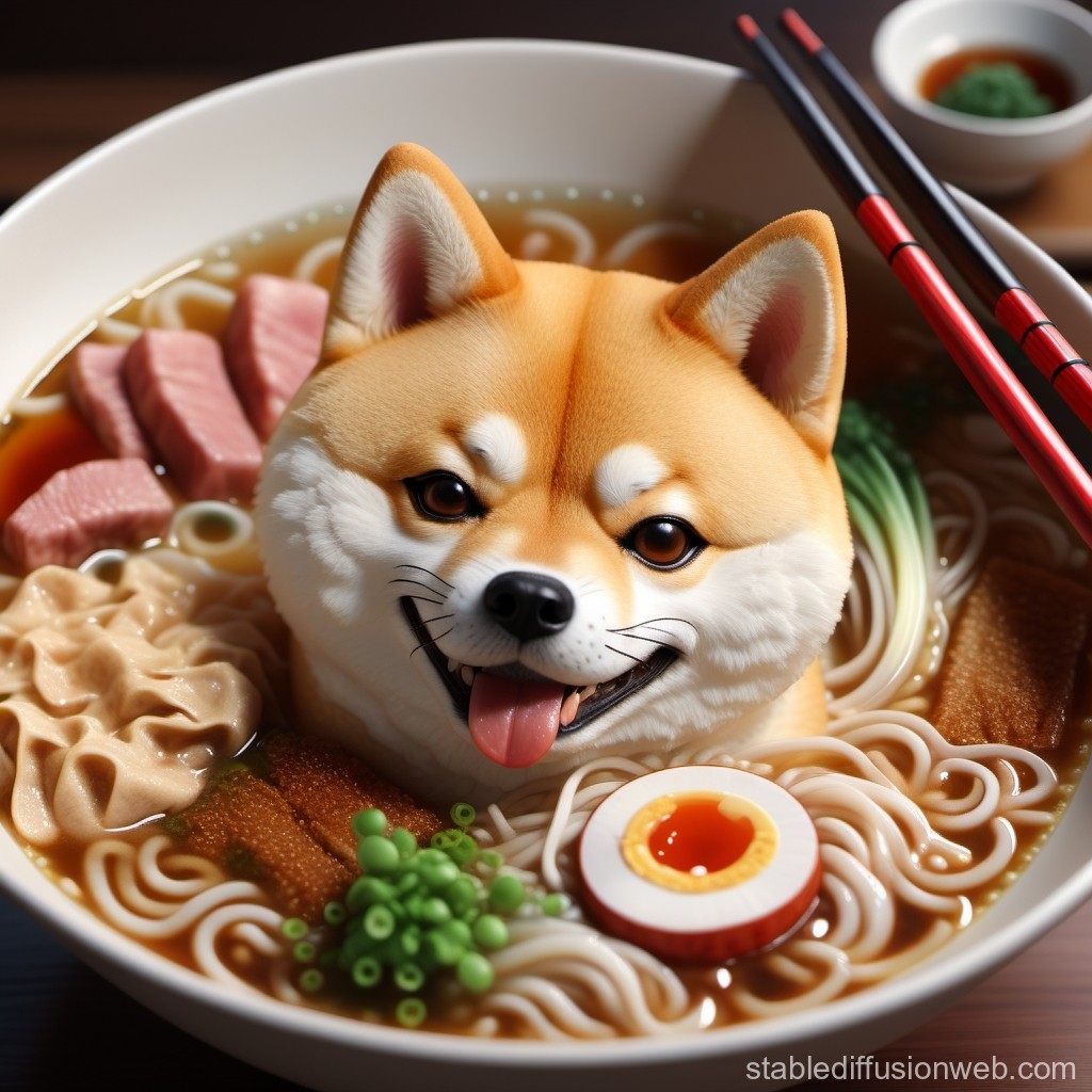 Shiba Inu Dog in a Bowl of Ramen Noodles