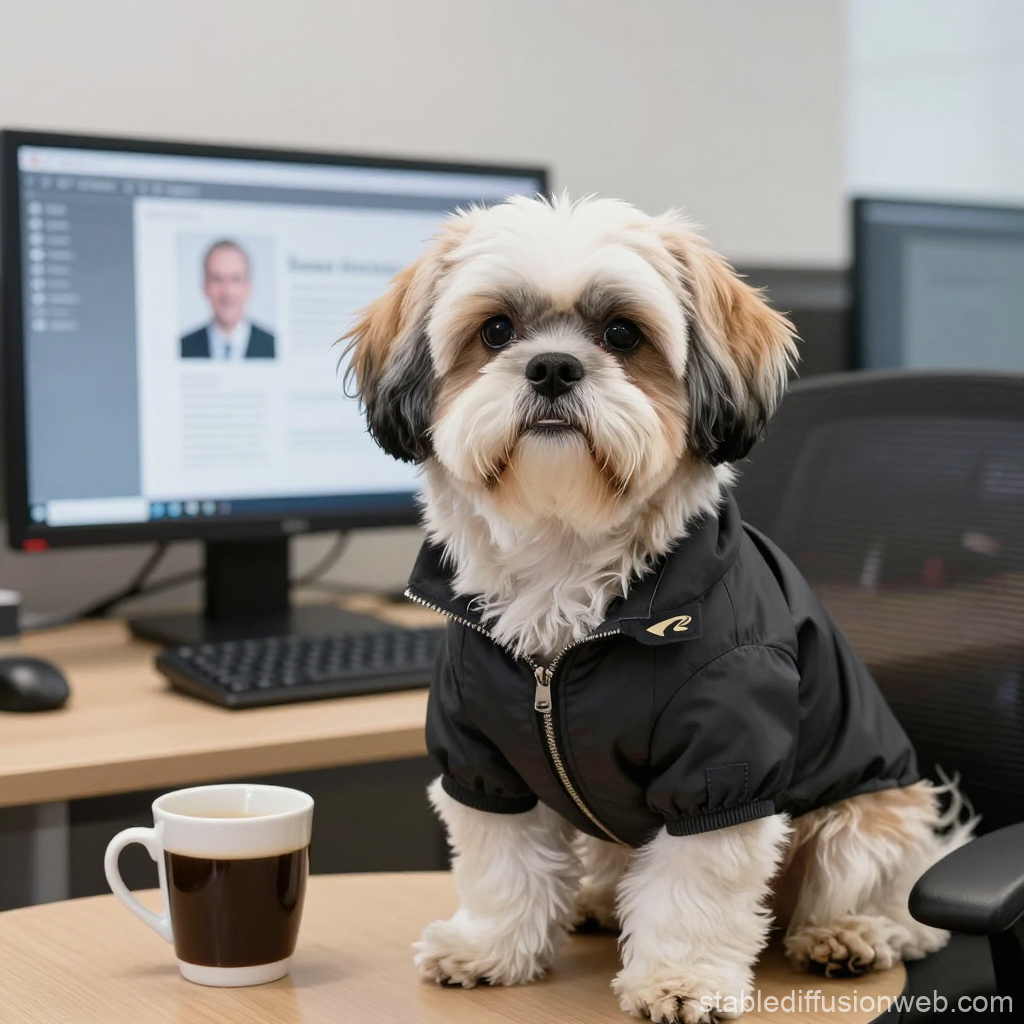 Shih Tzu Dog Wearing Jacket in Office Setting